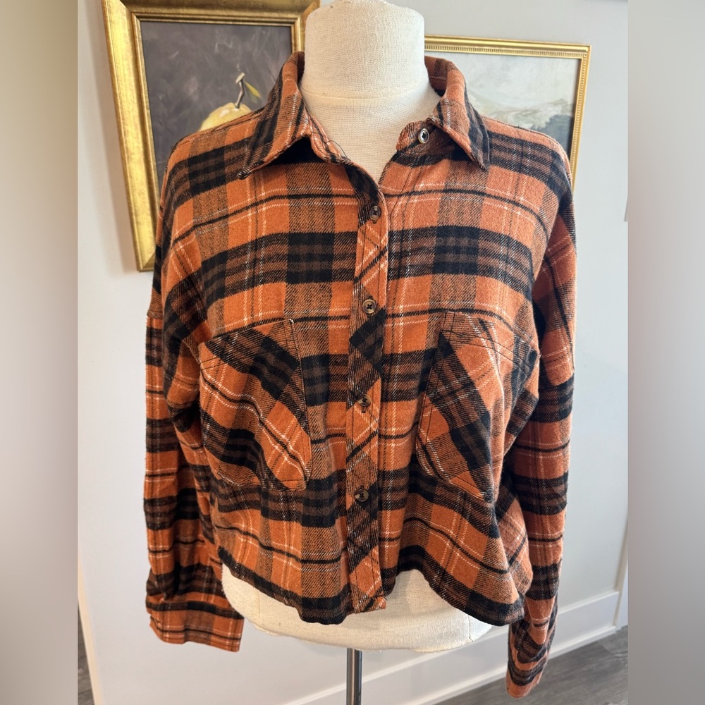 Ci Sono Orange and Black Plaid Cropped Flannel Shirt Women's Small